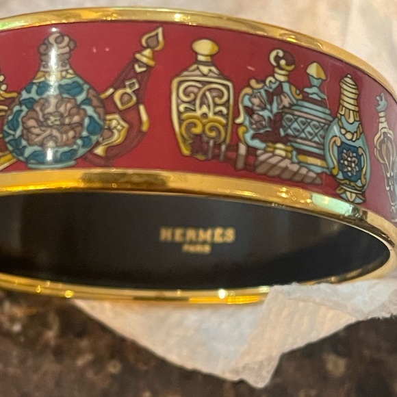 Hermes authentic Cloisonne Perfume Bottle Pattern Bangle Bracelet with Box red - Picture 9 of 13
